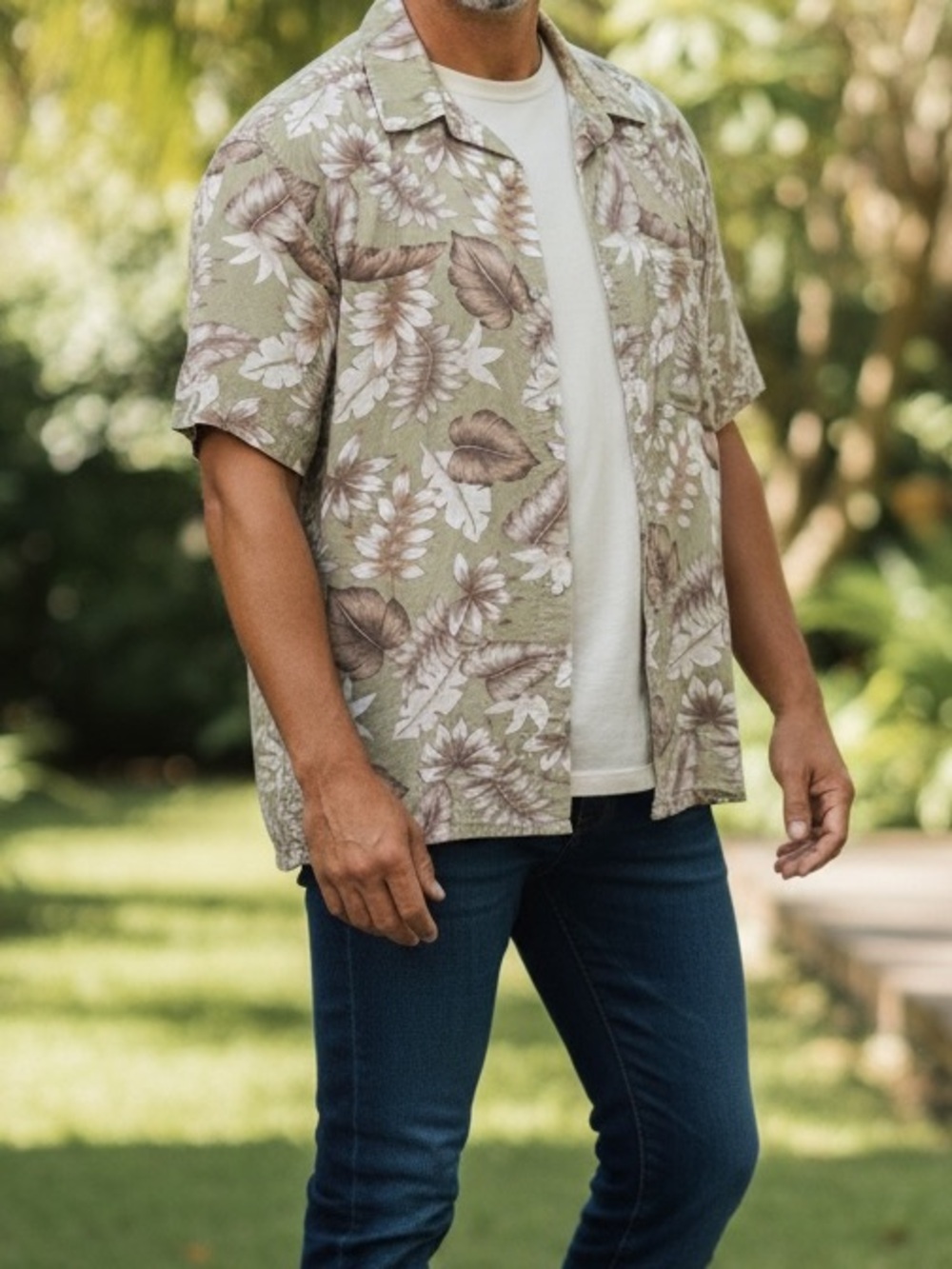 Pierre Cardin Olive Tropical Leaf Print Shirt Size XL